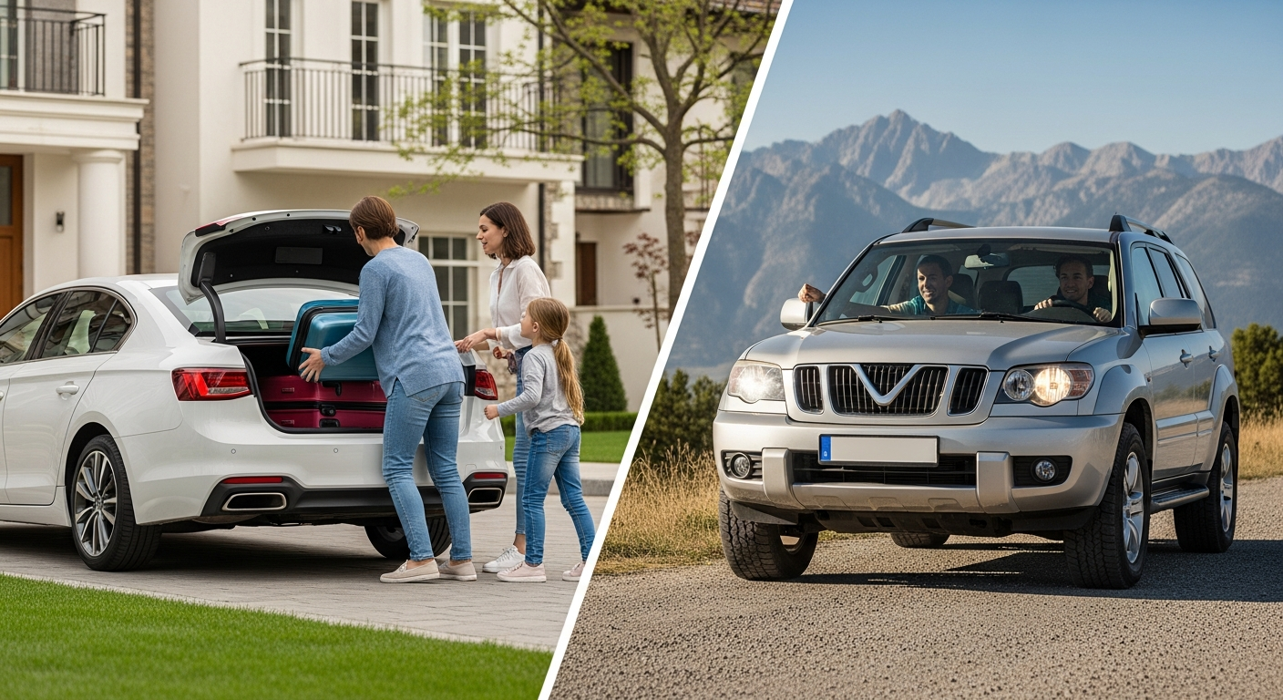 "A split image showing a sedan being loaded with luggage in an urban setting and an SUV driving on a rough road, illustrating their practical differences."